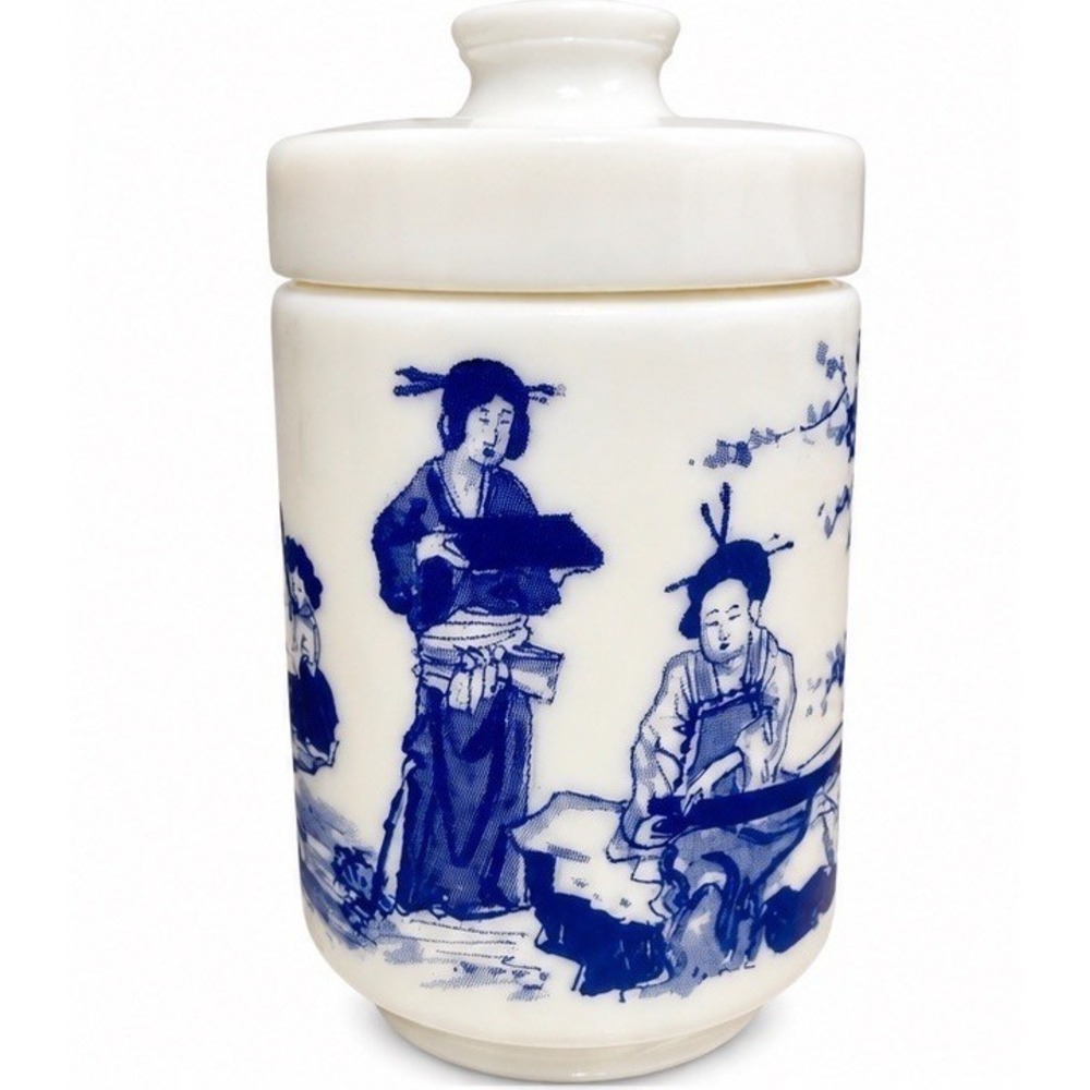 VTG Belgium Milk Glass Apothecary Jar Lid Blue Chinoiserie Asian Musical Scene